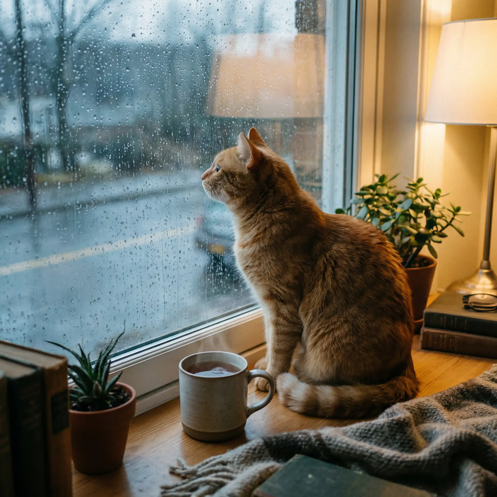 猫咪望着窗外的雨 - 枪火游戏